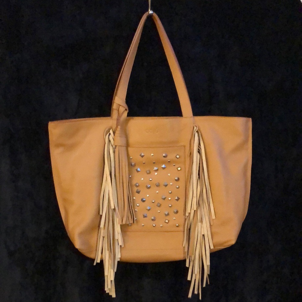 Cajú purse golden honey tan studded fringed tote hand bag 100% imported leather